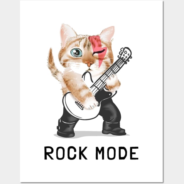 rock mode slogan with cute cat playing guitar Wall Art by Linna-Rose